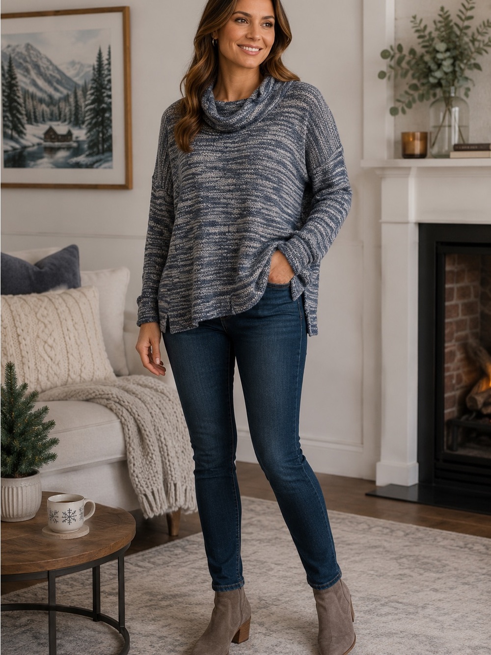 Aerie Womens Size M Blue Marled Cowl Neck Sweater Long Sleeve Cozy Pullover